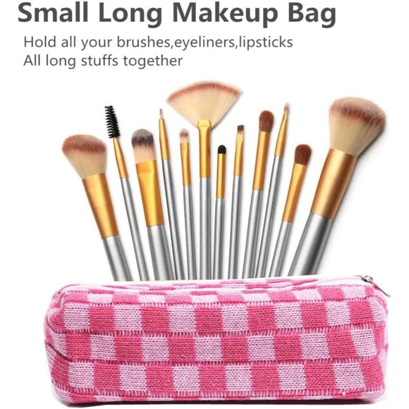 Women Large Cosmetic Bag Set with Makeup Brush Bag Checkered Cosmetic Pouch Pink - Picture 3 of 5